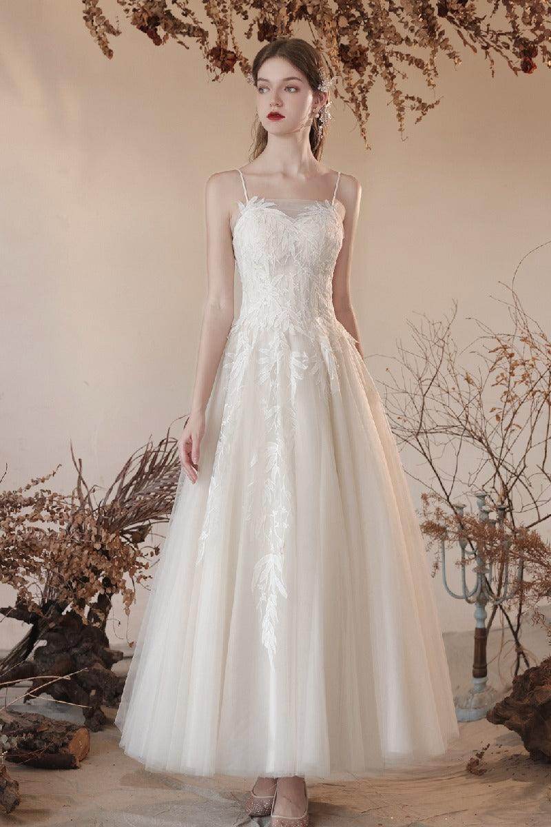 A-Line Ankle Length Lace Tulle Wedding Dress 820734030790 - COCOMELODY